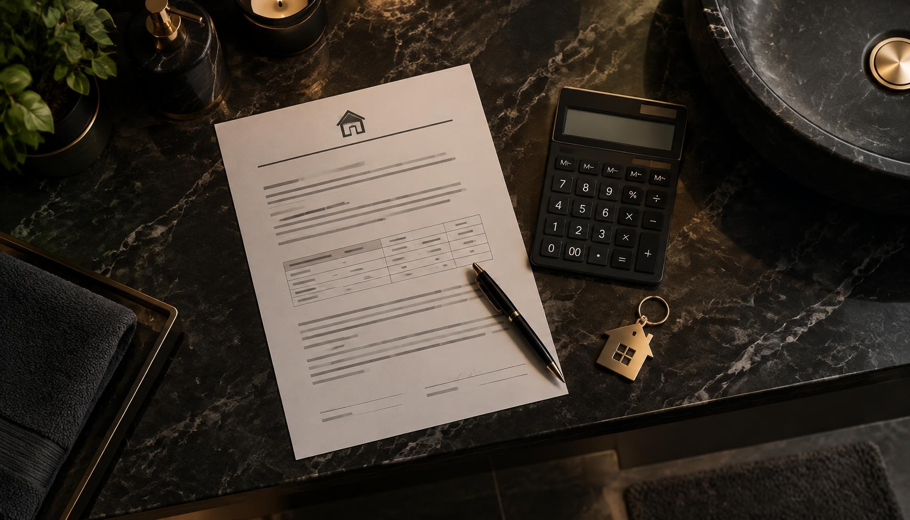 Bathroom remodeling payment plan document with a calculator and a brass house keychain on a dark marble countertop